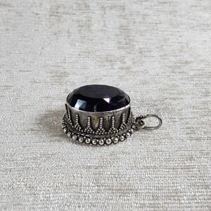 Amethyst large faceted tribal sterling silver Bali pendant 1" boho romantic